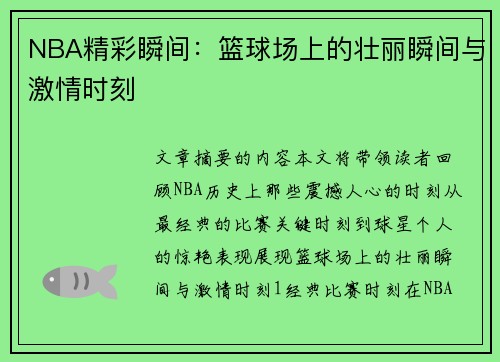 NBA精彩瞬间：篮球场上的壮丽瞬间与激情时刻